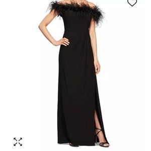 Black evening gown, size 8, faux feather off-the-shoulder